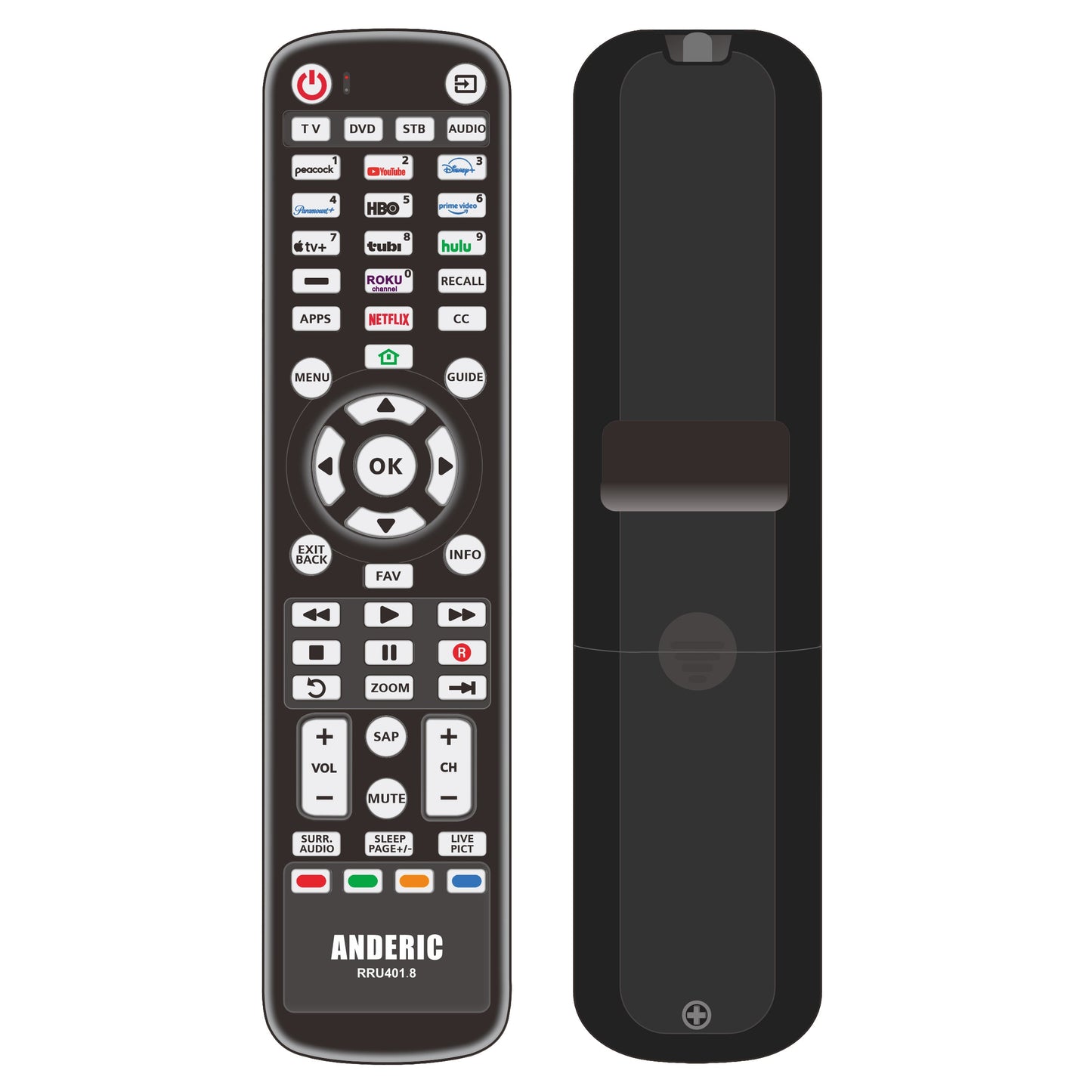 Anderic RRU401.8 Smart TV 4-Device Universal Remote Control | Smart App Shortcuts | Learning | Backlight