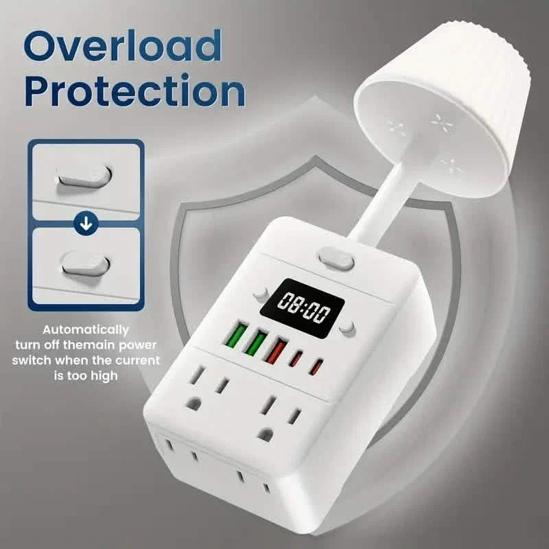 11-in-1 Multifunctional Power Strip with Desk Lamp, Clock, USB Ports & Surge Protection