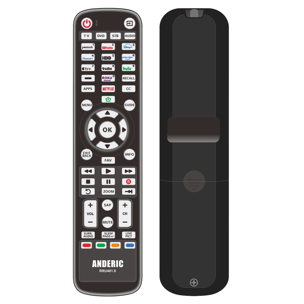 Anderic RRU401.8 Smart TV 4-Device Universal Remote Control | Smart App Shortcuts | Learning | Backlight