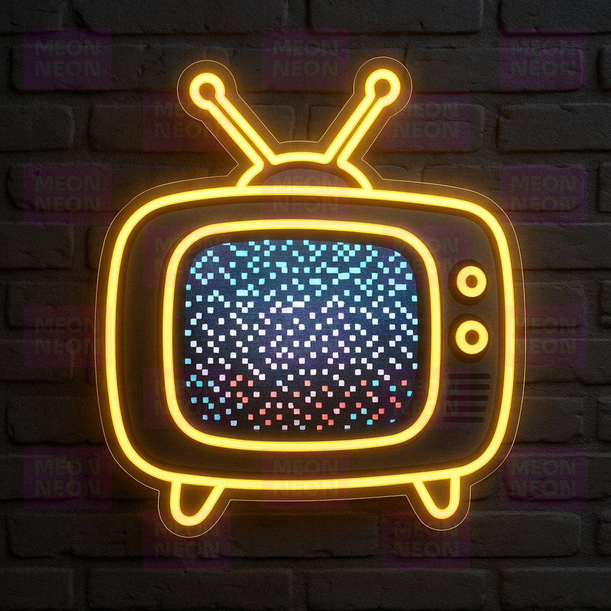 Vintage TV LED Neon Sign - Retro Television - Static Screen Effect - Yellow Frame & Blue Static