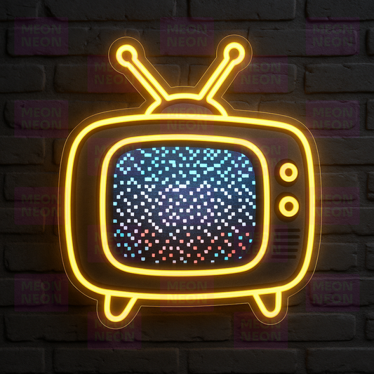 Vintage TV LED Neon Sign - Retro Television - Static Screen Effect - Yellow Frame & Blue Static