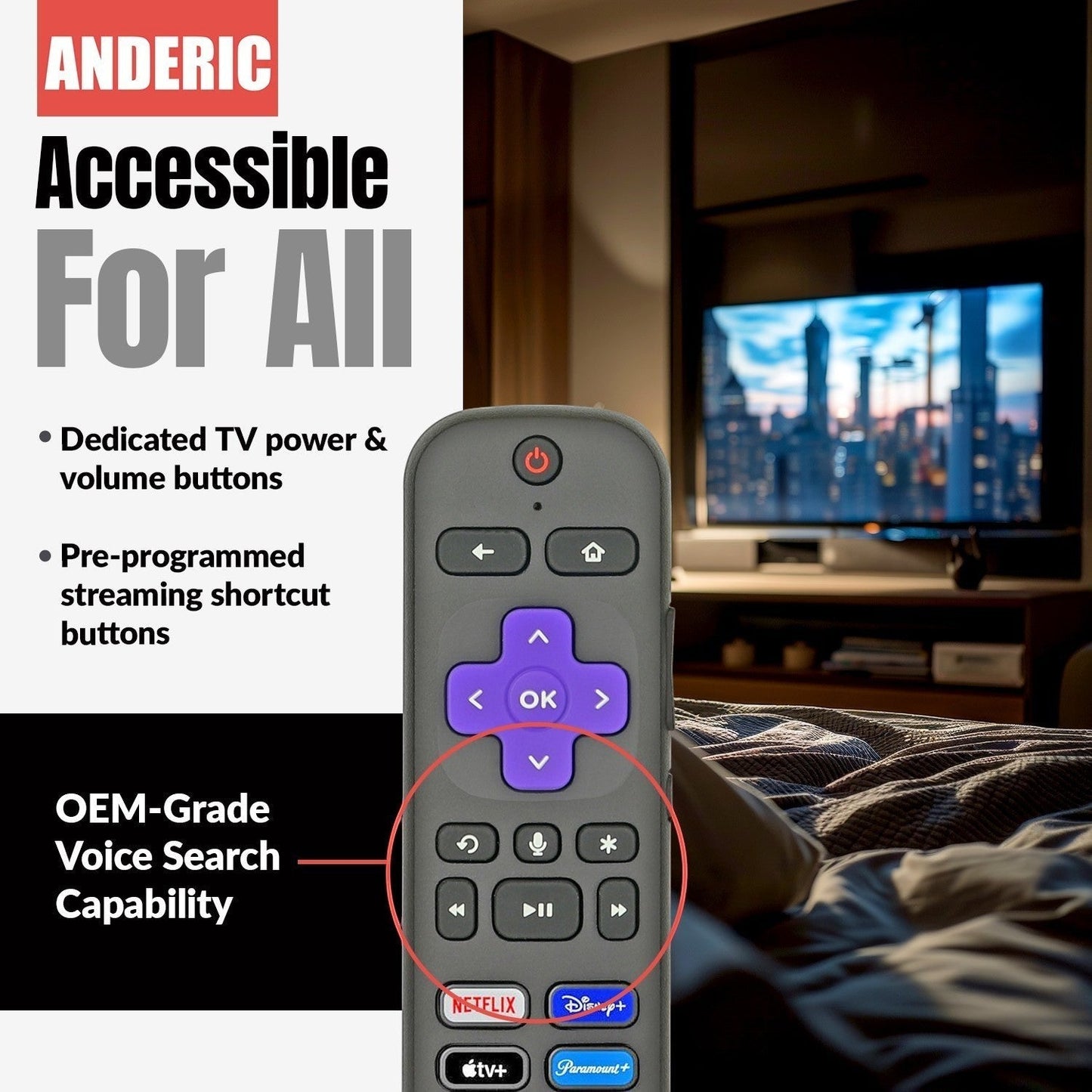 Anderic Substitute for Hisense RC-MC5 ROKU TV Remote Control 3226001169 [RCGZ1, NO HEADPHONE JACK / FAVORITE KEYS]