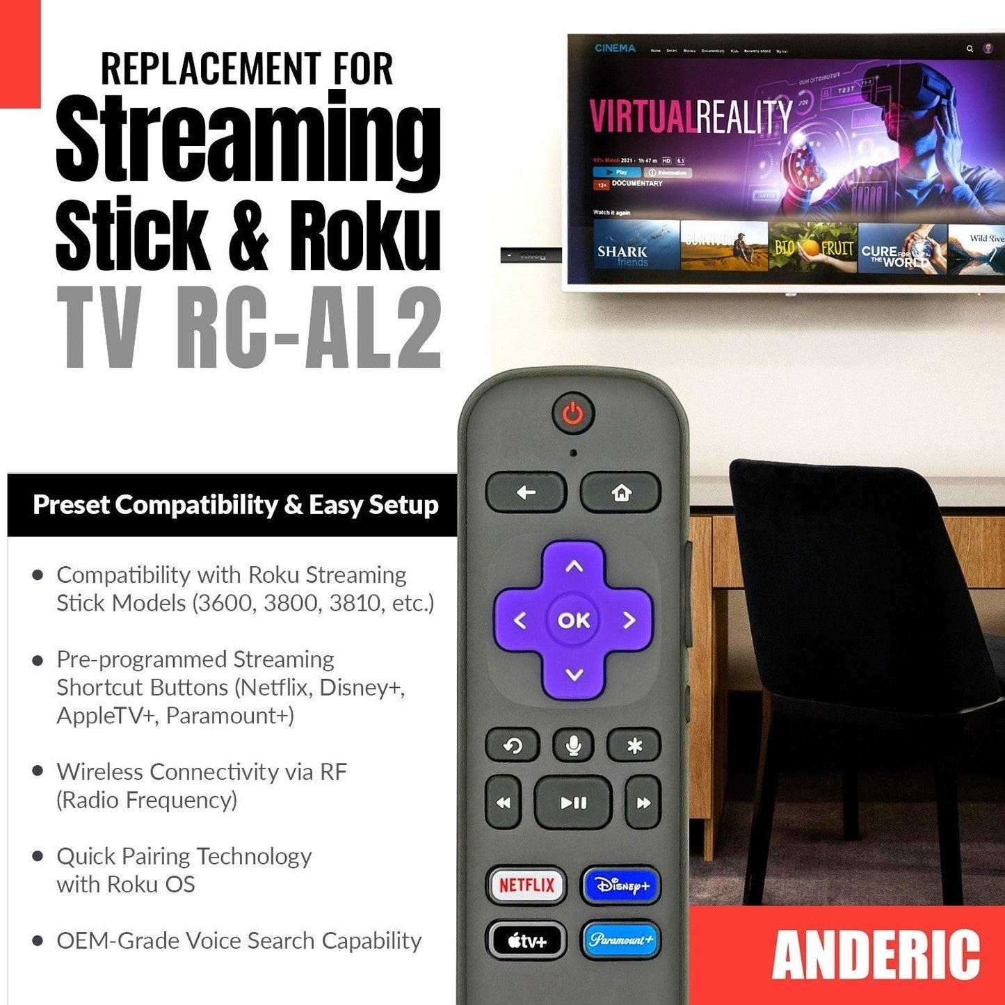 Anderic Substitute for Hisense RC-MC5 ROKU TV Remote Control 3226001169 [RCGZ1, NO HEADPHONE JACK / FAVORITE KEYS]